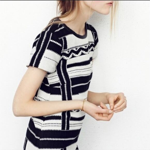 Madewell Crew Neck Striped Short Sleeve Knit Top Black White Geometric M - Picture 5 of 12
